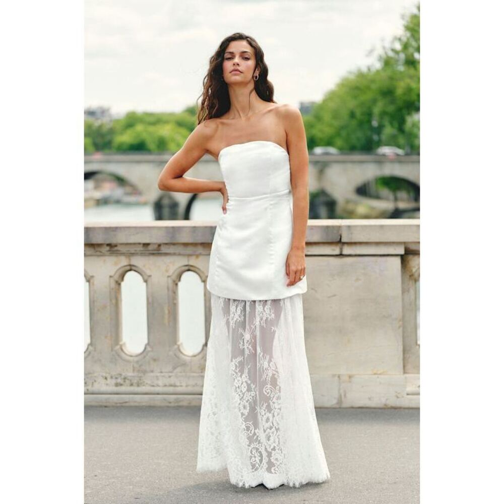Lulus Winslet White Satin Sheer Hem Strapless Maxi Dress - Size XS NEW